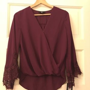 Burgundy lace cross-front blouse, NWT